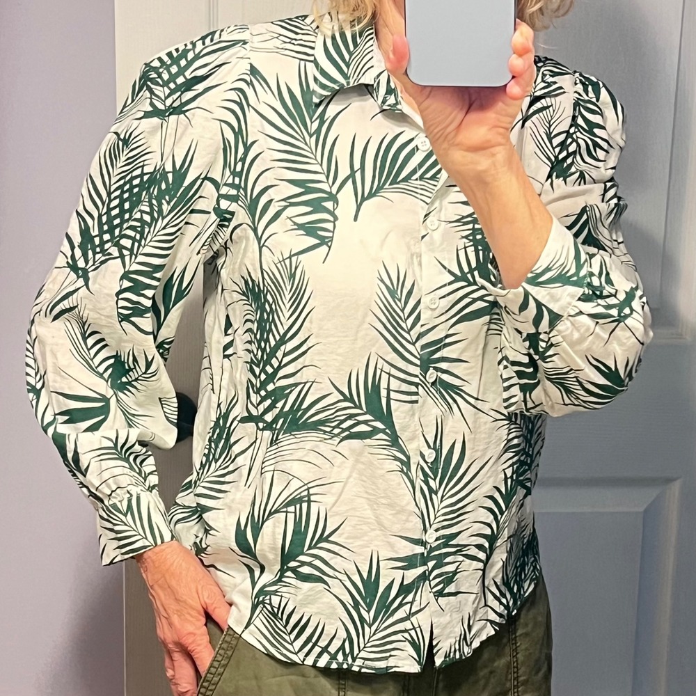 Palm Leaf M Shirt Womens FlOWING SLEEVES Green White Tropical Boho
